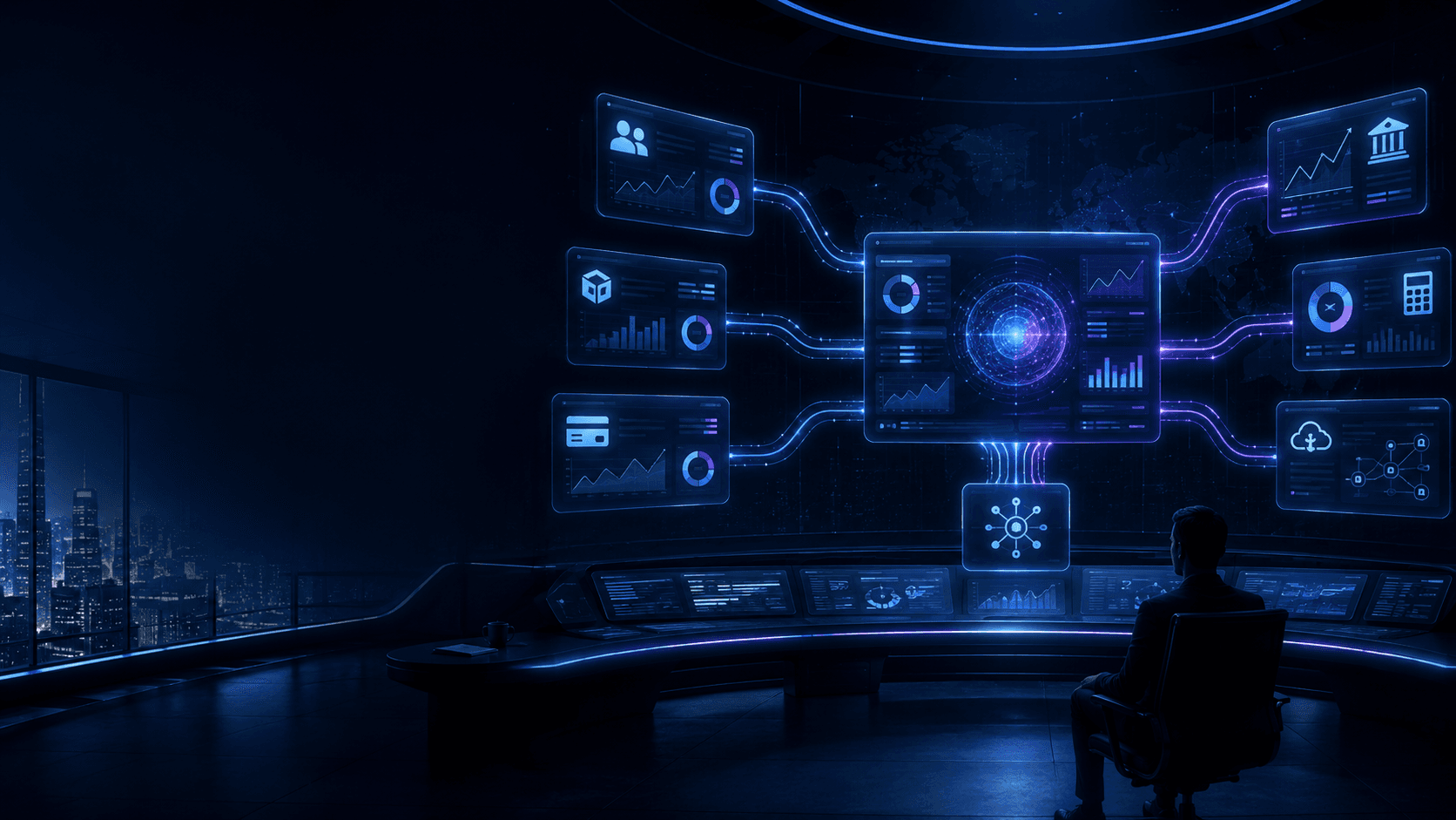 Connected enterprise business systems command centre coordinating CRM inventory finance payments and reporting