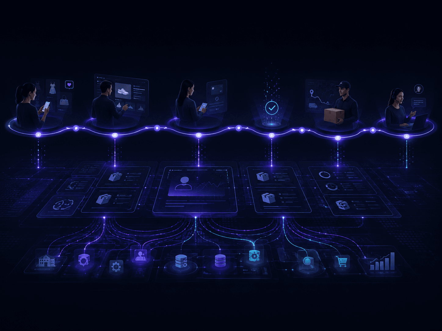 Connected customer commerce journey from product discovery through purchase delivery and service