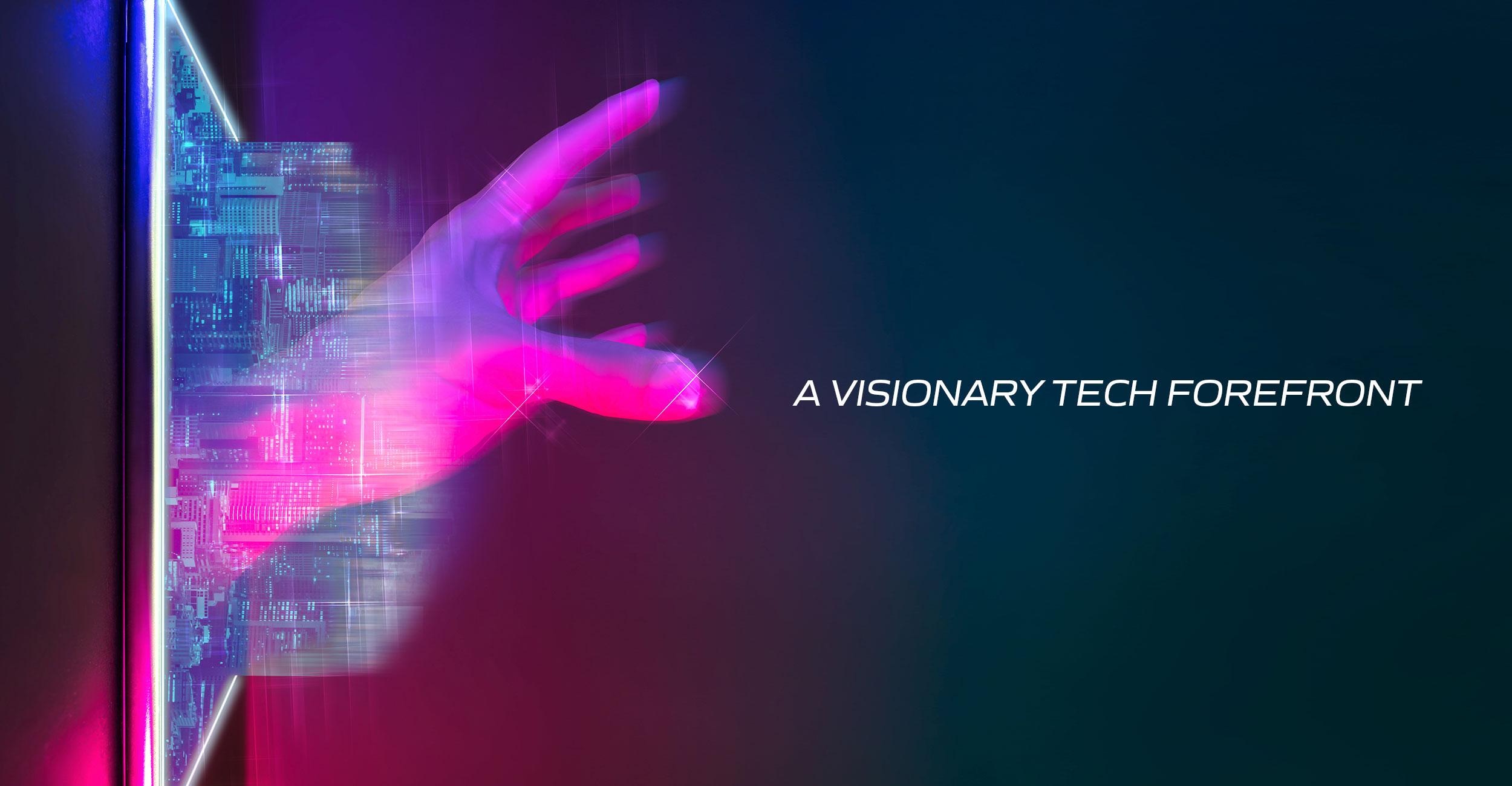 A person reaching through a luminous digital technology interface