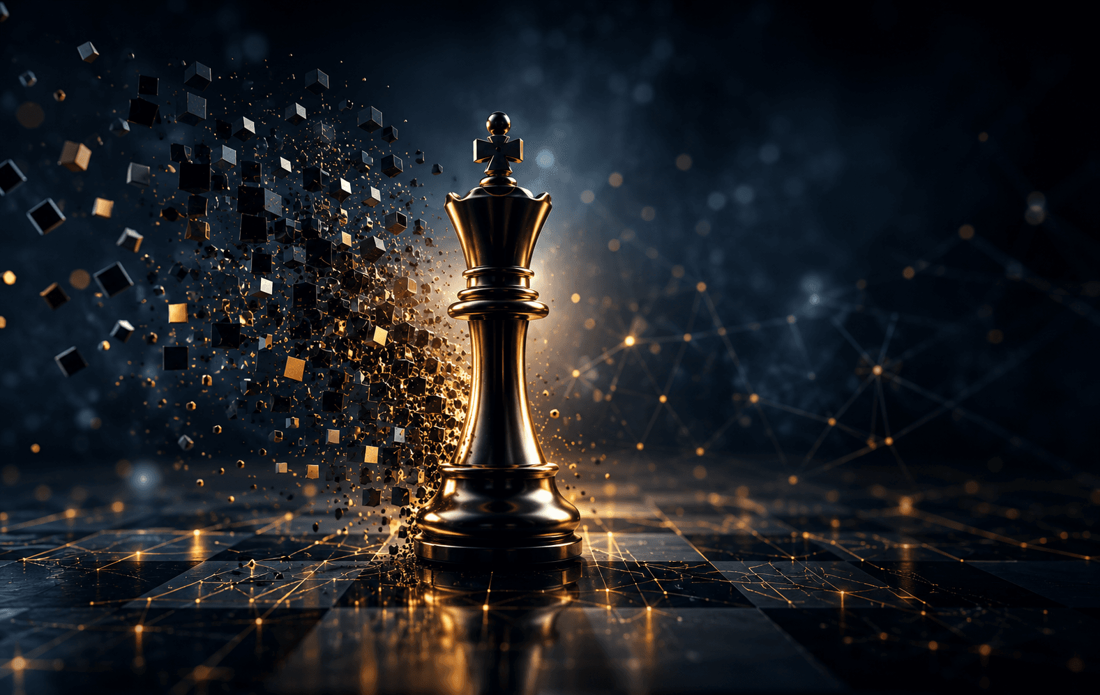 Cinematic black and gold chess king representing strategic technology decisions and controlled delivery